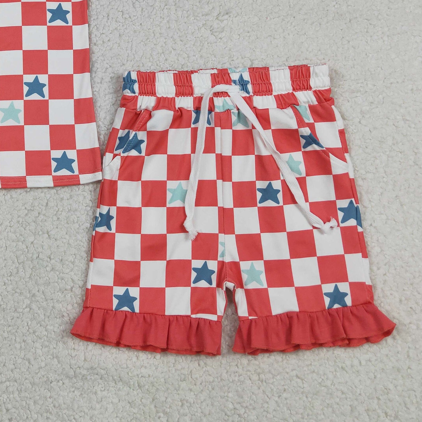 GSSO3293 RTS NO MOQ （In stock ）Baby Girls Red Checked Stars Top Pockets Ruffle Shorts 4th of July Clothes Sets