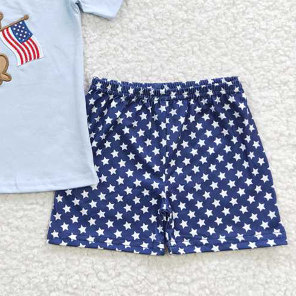 BSSO0227Boy's 4th of July Outfit Dog Flag Embroidery Shirt with Stars Shorts Patriotic US Independence Day Children's Clothing