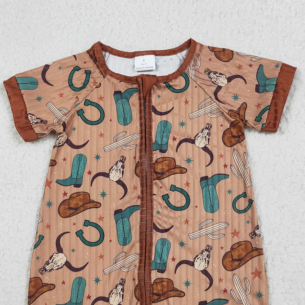 RTS NO MOQ （In stock）SR3155 Baby Boys Summer Rompers Baby BoysWestern Ribbed Short Sleeve Romper