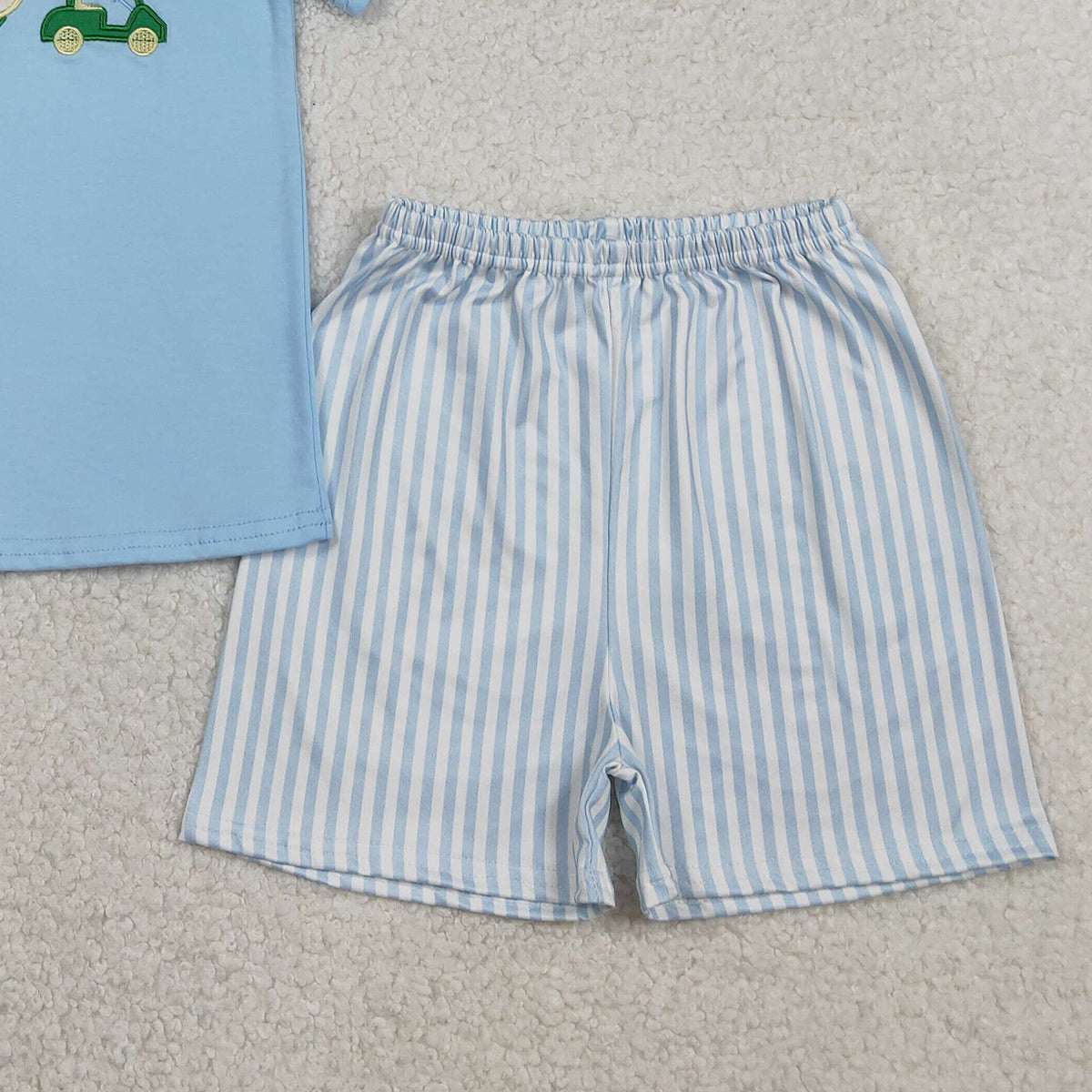 1.27 RTS NO MOQ （In stock）BSSO1696 Embroidery Golf Trucks Baby Boys Shirts Top Stripe Shorts Clothes Sets