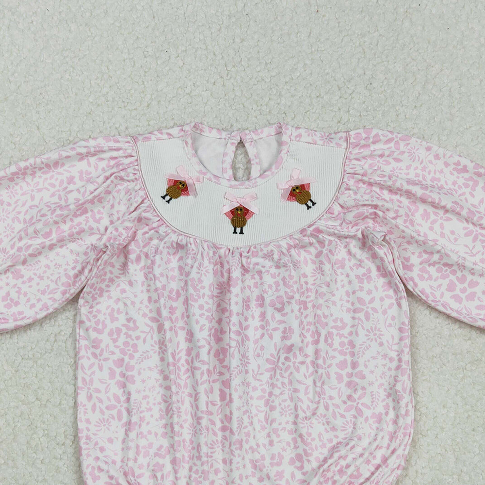 RTS NO MOQ （In stock）LR2184 Baby Girls Winter Rompers Pink Flowers Smocked Rompers Thanksgiving Turkey Outfit