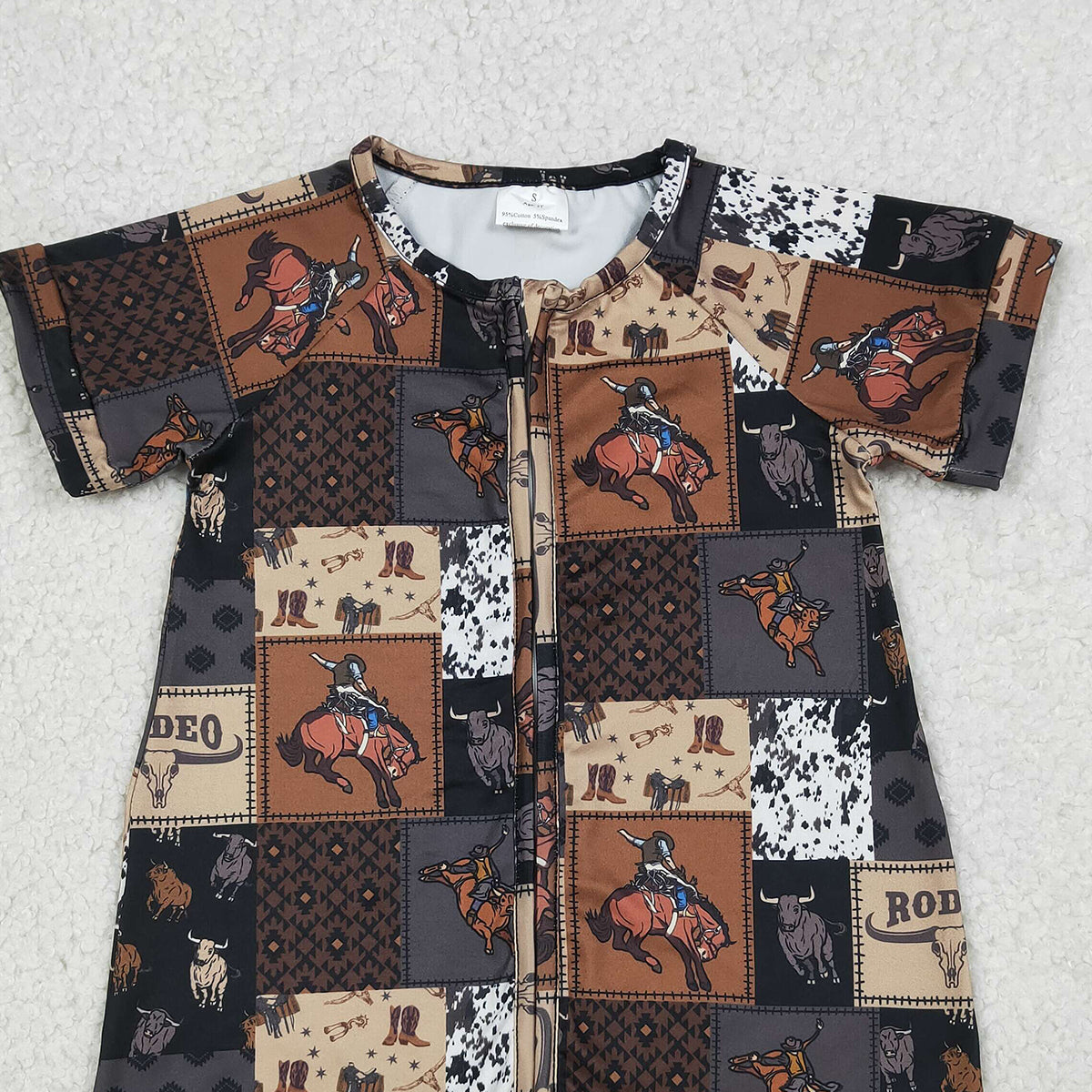 4.2 SR3545 RTS NO MOQ （In stock) Short sleeves cow rodeo baby boy zipper romper