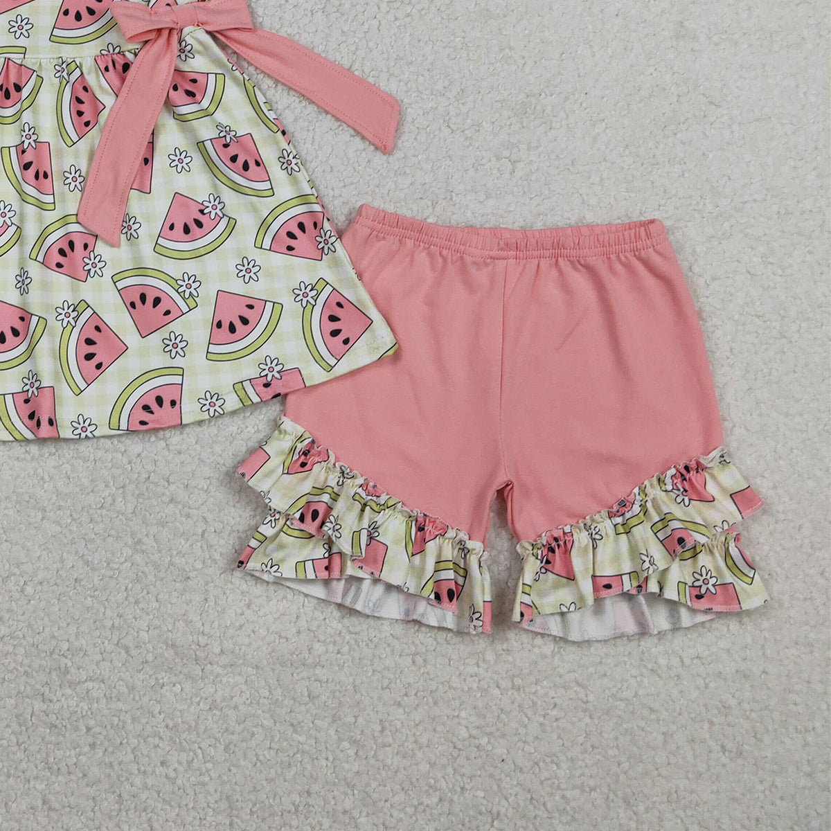 2.4 RTS NO MOQ （In stock）GSSO3118 Baby Girls Green Checked Flowers Watermelons Tunic Ruffle Shorts Clothes Sets