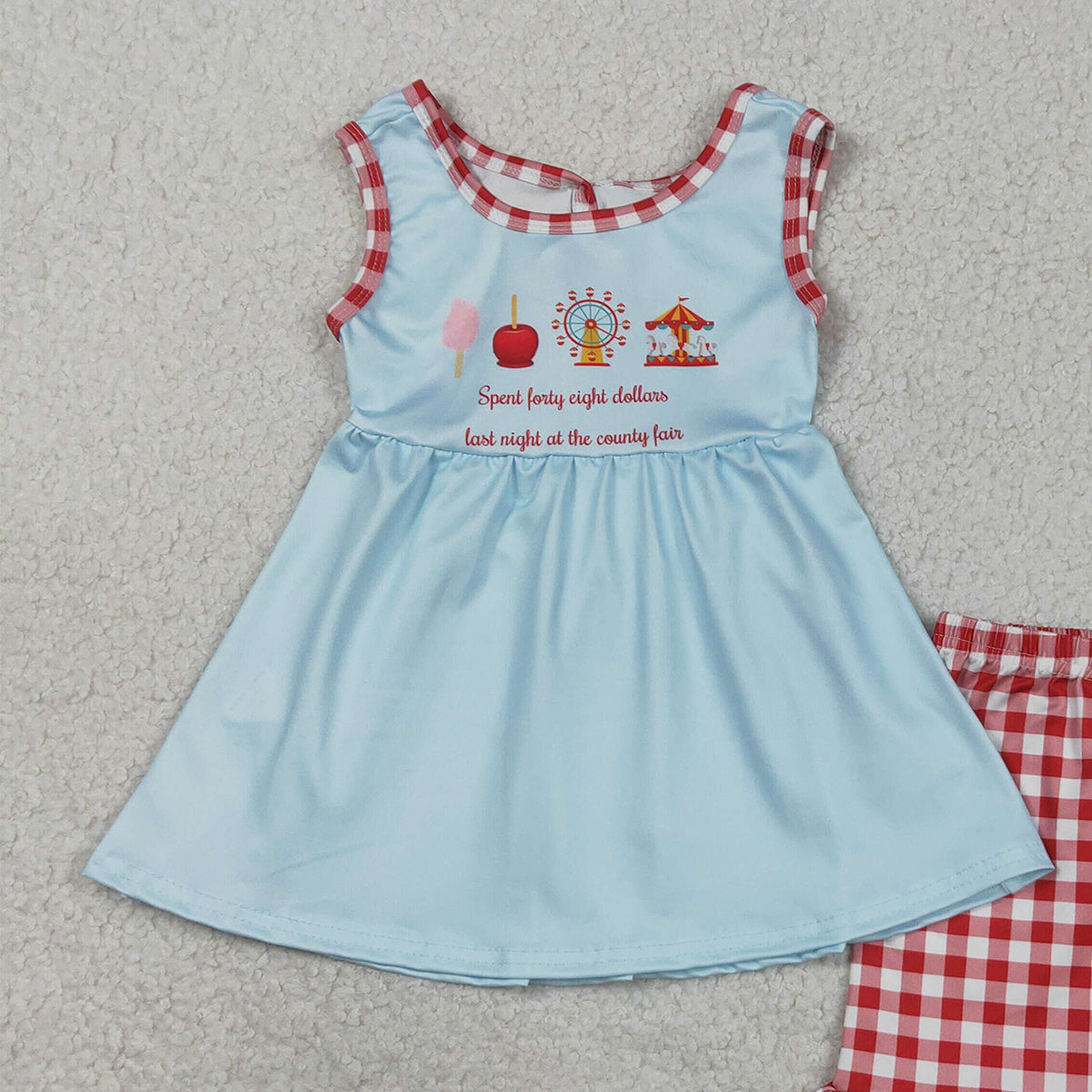3.17 RTS NO MOQ （In stock）GSSO2544 Kids Clothing for Baby Girls Sleeveless Tunic Top Red Checked Ruffle Short Clothes Set