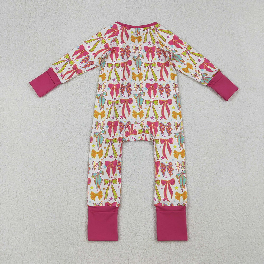 RTS NO MOQ （In stock） LR2468 Baby Girls Winter Rompers Long Sleeves Colorful Bows Stars Zipper Pant Rompers