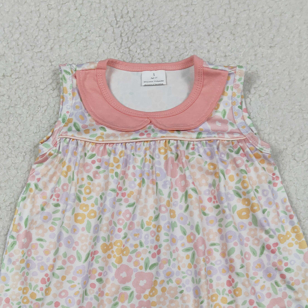 1.12 RTS NO MOQ （In stock）SR3628 Baby Girls Peach Floral Collar Tunic Bummies Ruffle Rompers