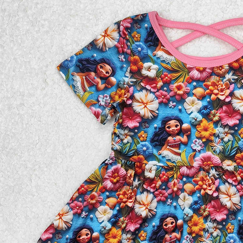 GSD1785Blue Floral Princess Baby Girls Dress Short Sleeves Cute Children's Clothing for Little Girls