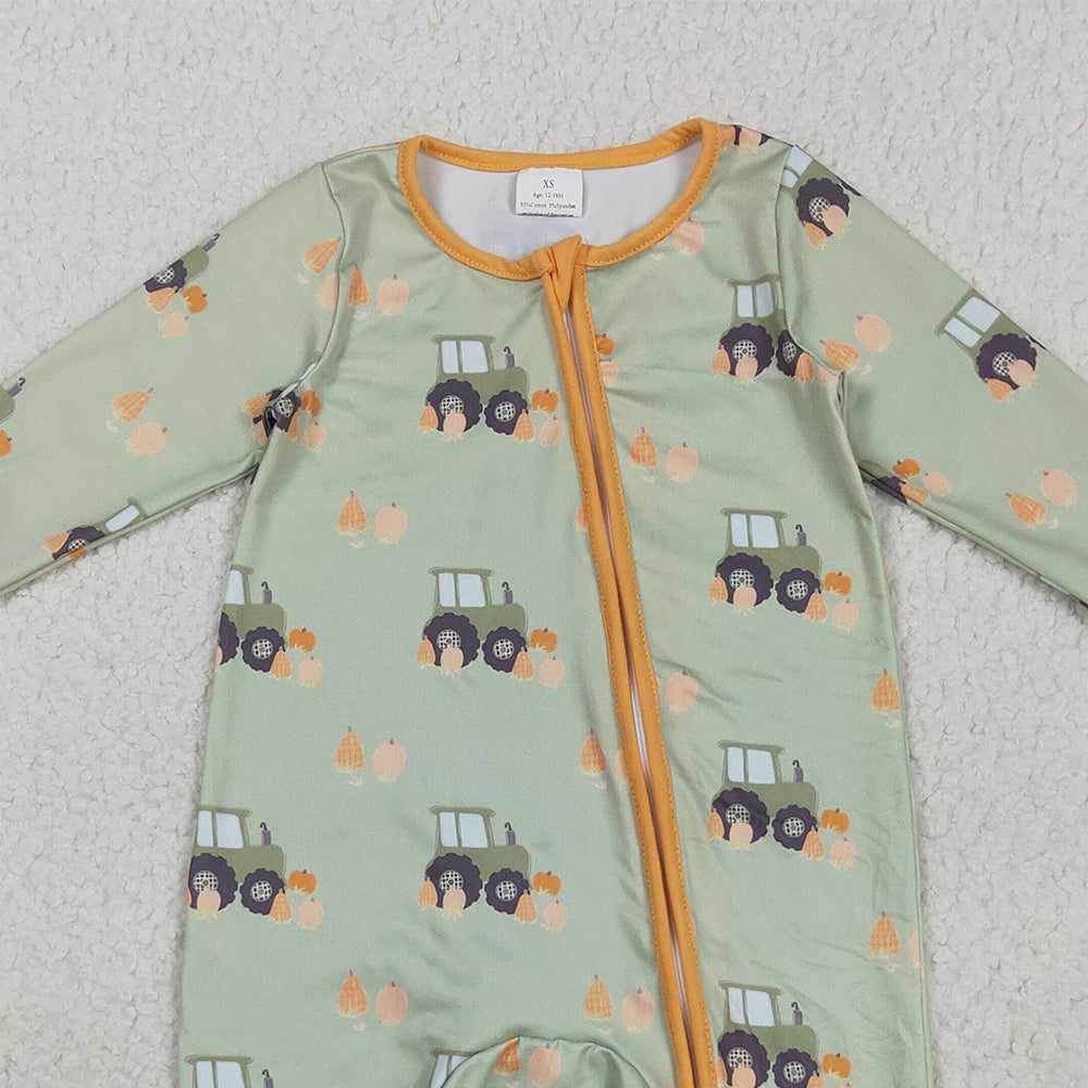 RTS NO MOQ （In stock）LR2335 Baby Boys Winter Rompers Baby Boys Green Long Sleeves Pumpkins Trucks Zipper Rompers