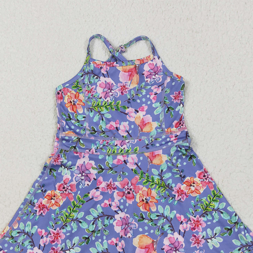 6.03 GSD2279 RTS NO MOQ Baby Girls Summer Yoga Dress  Baby Girls Purple Strap Floral Yoga Ruffle Knee Length Dresses