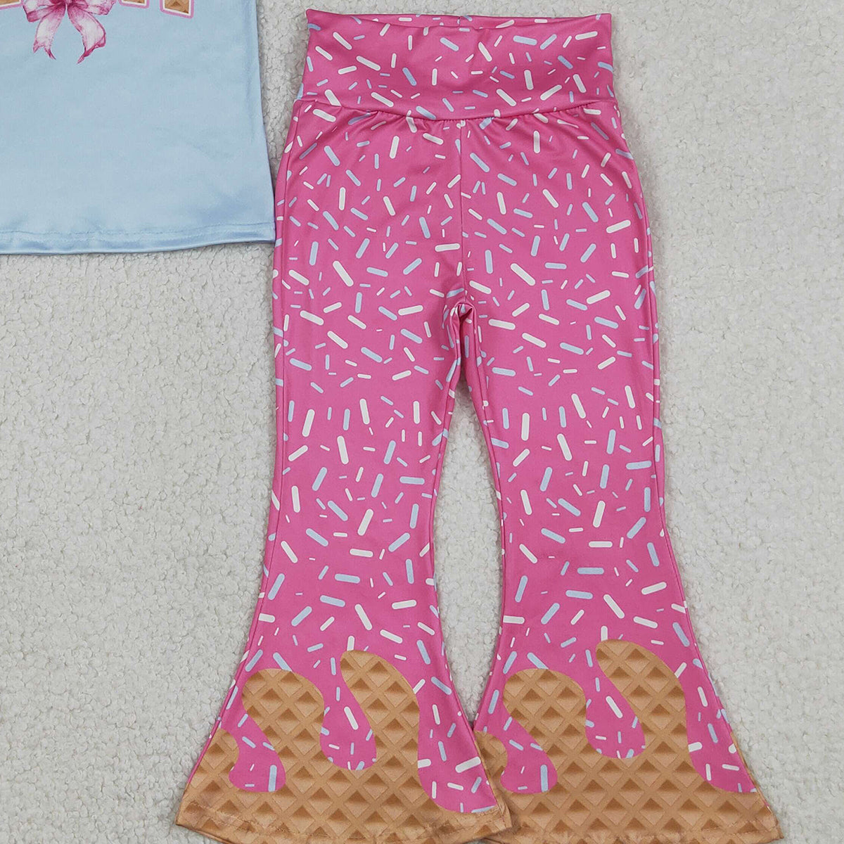 12.26 RTS NO MOQ （In stock）GSPO2107 Baby Girls Sprinkle Drip Mini Bows Top Bell Bottom Pants Clothes Sets