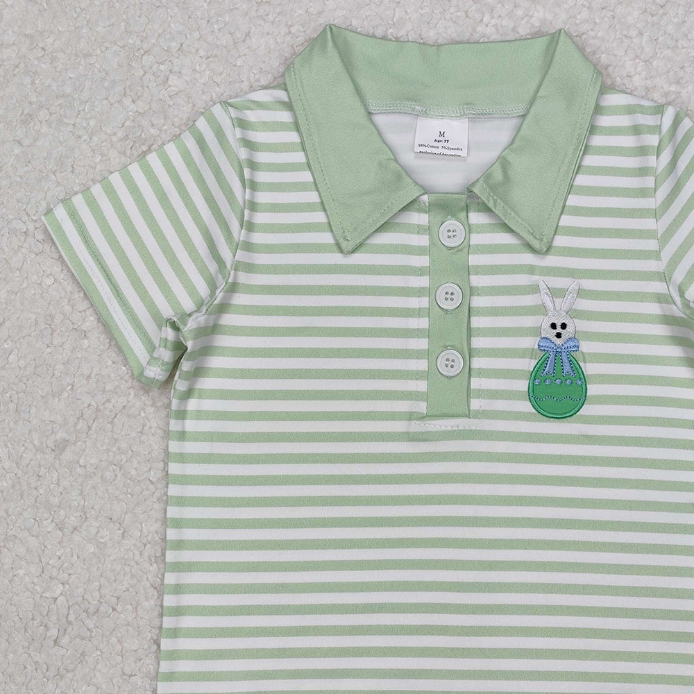 BT1046Kids Boys Easter Polo Shirt Short Sleeves Green Stripe Bunny Design Casual Fashionable Top for Children