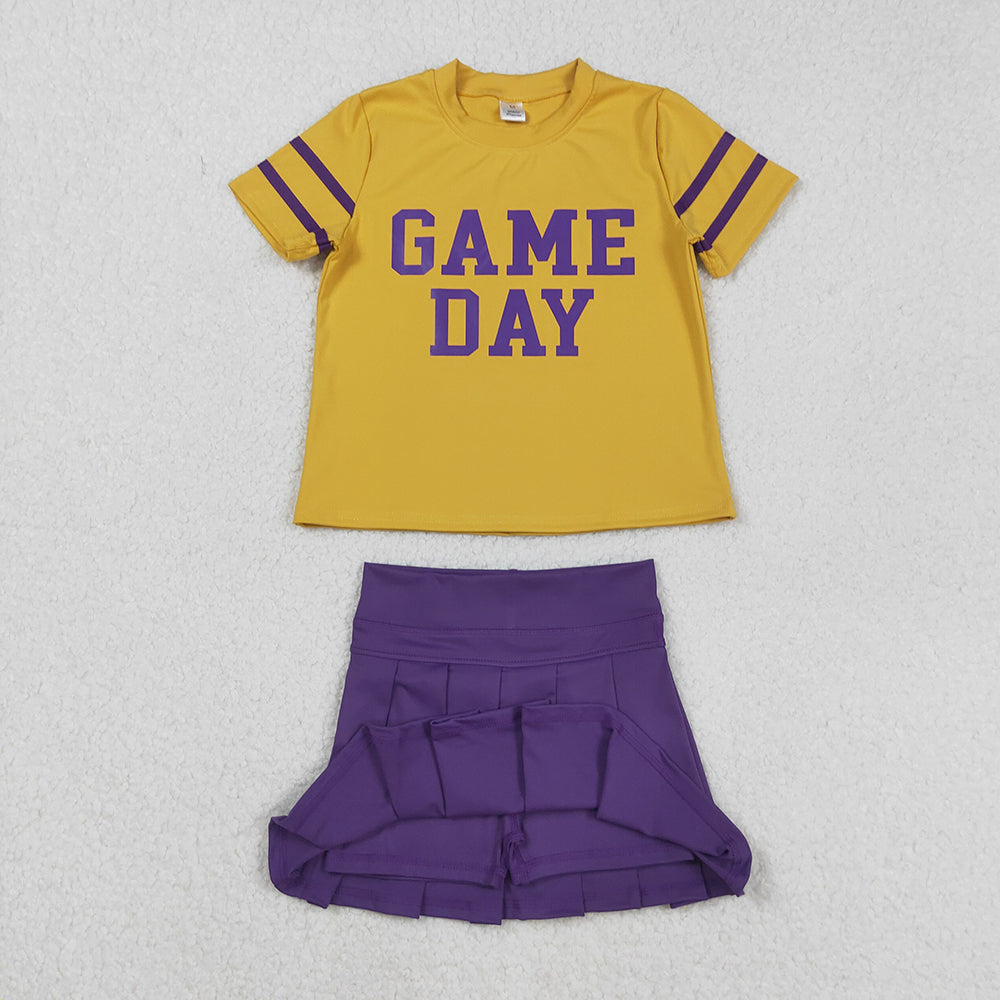 RTS NO MOQ （In stock）GT1100+GLK0086 Baby Girls Yoga Outfits Purple Game Day Team Tee Shirts And Pleated Skirts Set Active Wear Yoga Top Bottoms Outfit for Kids
