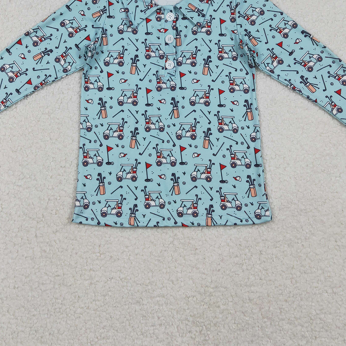 10.28 RTS NO MOQ （In stock）BT1404 Baby Boys Blue Long Sleeve Golf Trucks Button Polo Shirts Top