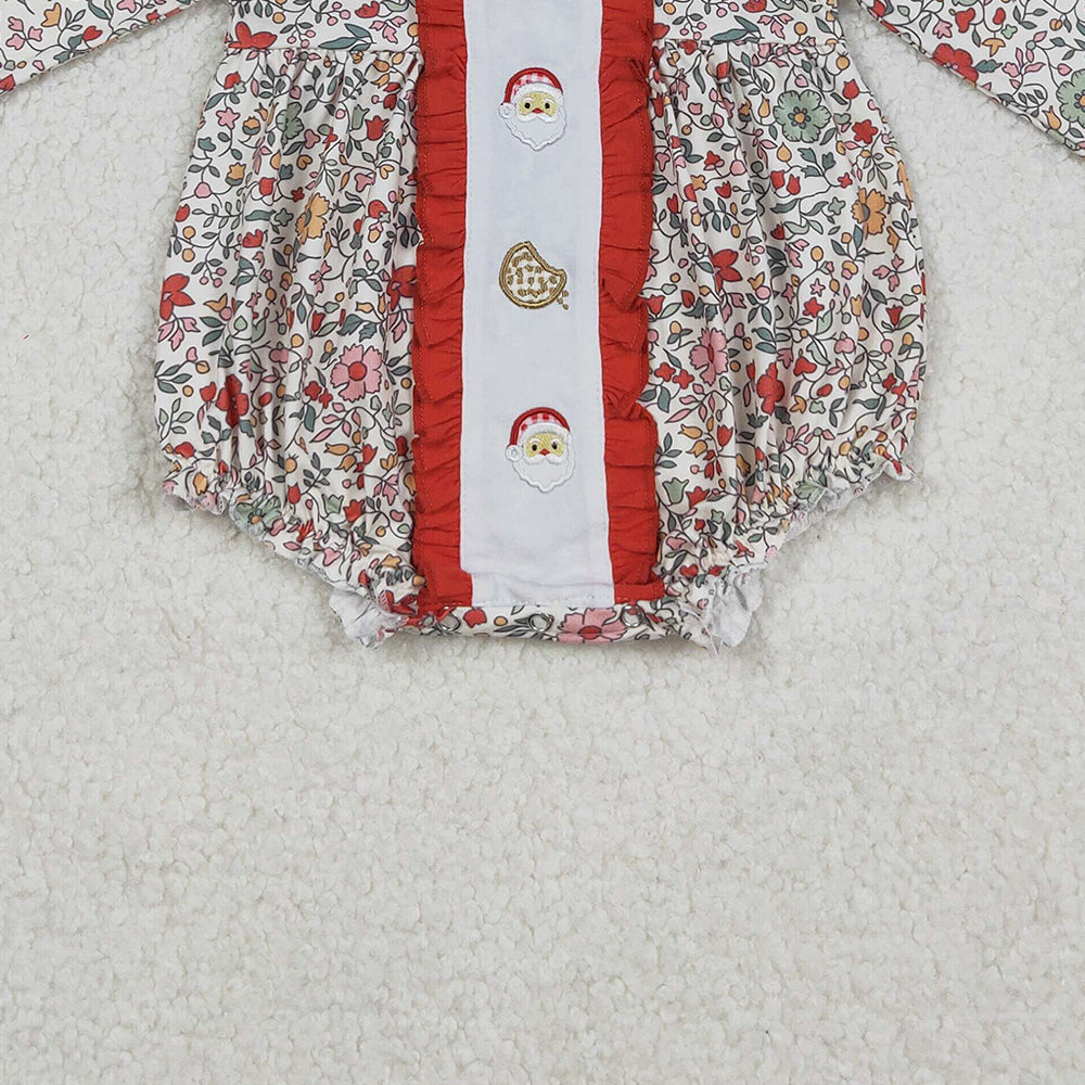 RTS NO MOQ （In stock）LR2232 Baby Girls Winter Rompers Floral Santa Cookie Baby Girls Christmas Romper Holiday Outfit for Infants