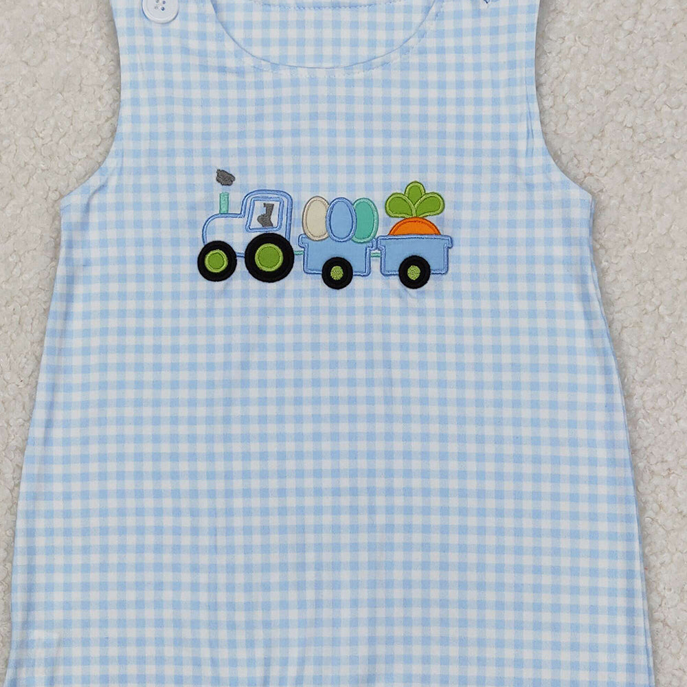 6.24  SR2402 RTS NO MOQ Sleeveless plaid eggs tractor baby boy Easter romper