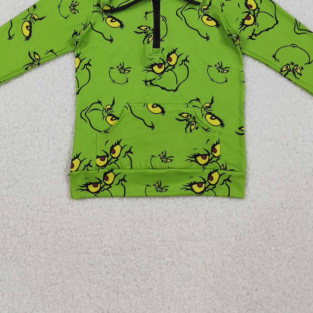 RTS NO MOQ （In stock）GT1170 Baby Girls Long Sleeve Tops Green Face Pockets Zipper Christmas Pullovers Tops