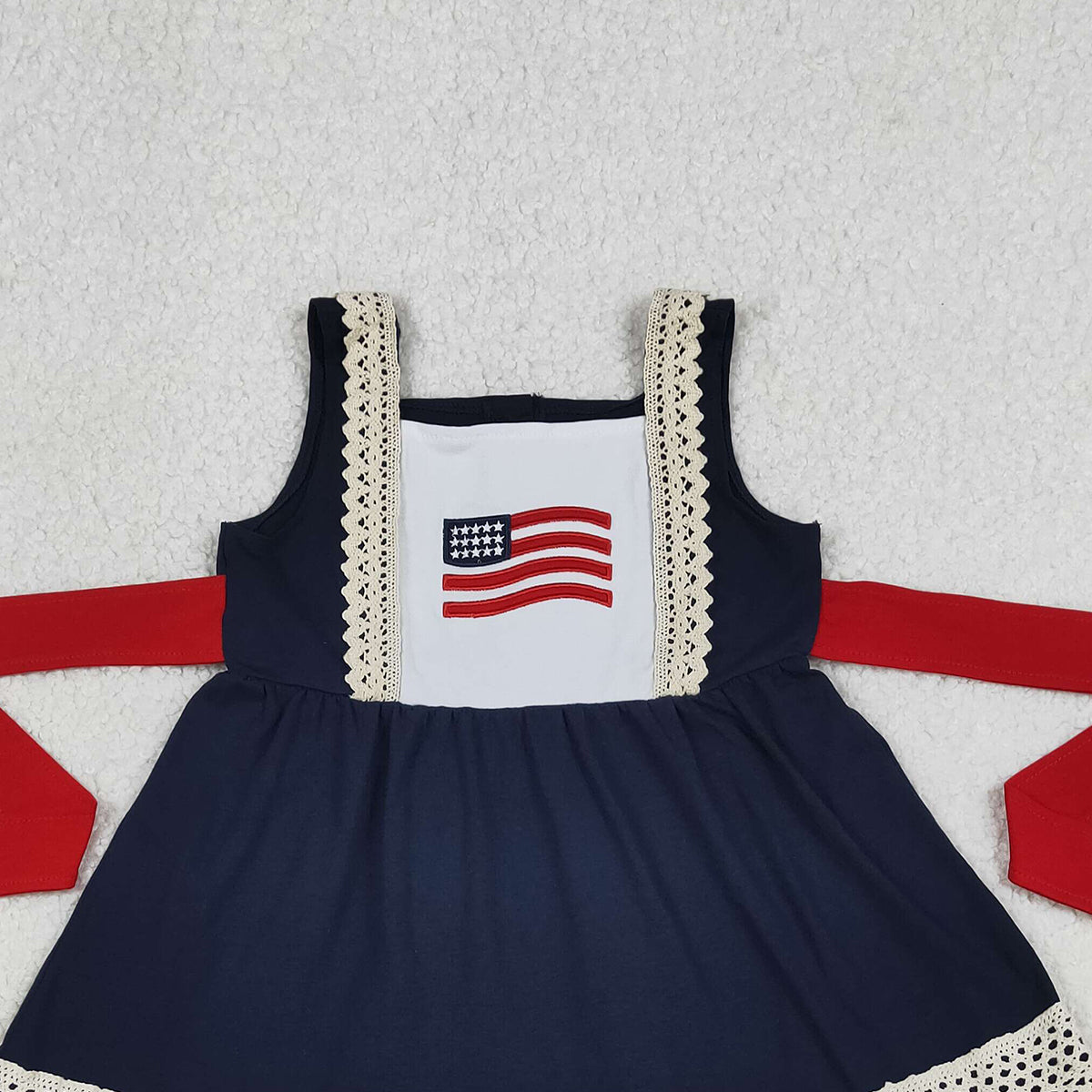 4.11 GSD4087 RTS NO MOQ （In stock ）Baby Girls Sleeveless Embroidery Flags 4th of July Belt Ruffle Knee Length Dresses