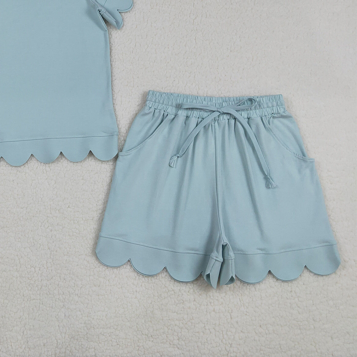 3.18 RTS NO MOQ （In stock）GSSO3202 Adult Women Summer Light Blue Shirts Top Scallop Short Clothes Sets