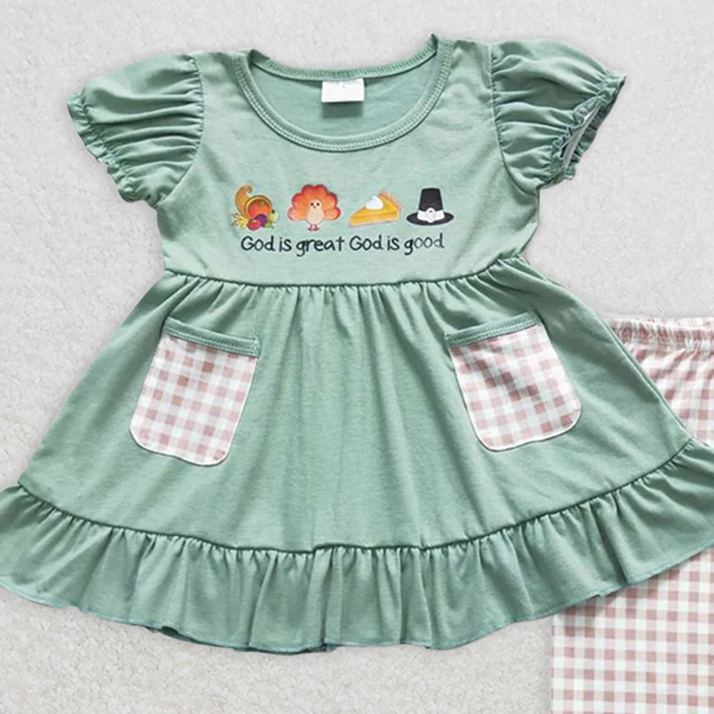 GSPO0827 RTS NO MOQ Baby Girls Spring Outfits god is great offset turkey pocket green short sleeve plaid trousers suit