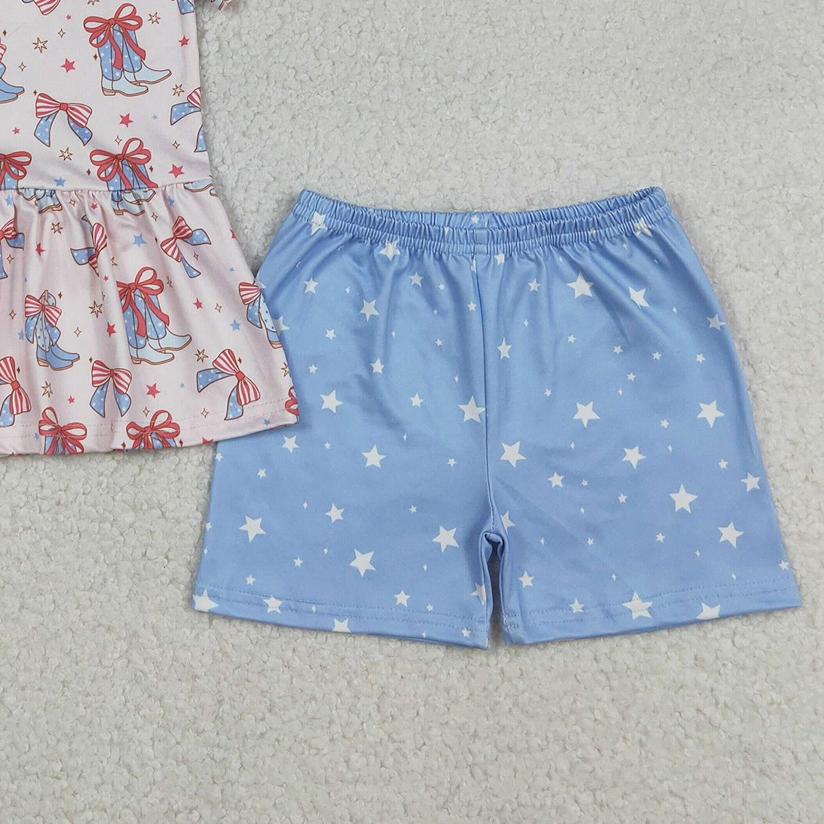 12.12 RTS NO MOQ （In stock）GSSO2837 Baby Girls Bows Boots Stars Tunic Shorts Western July 4th Clothes Sets
