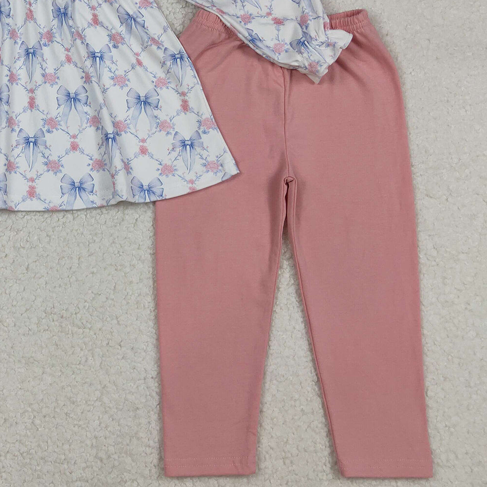 RTS NO MOQ （In stock）GLP2774  Baby Girls Winter Outfits Bows Flowers Checked Tunic Leggings Pant Clothes Sets