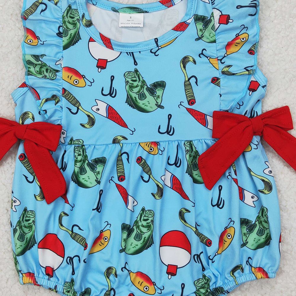 4.08 SR2708 RTS NO MOQ Baby Girls Summer Romper Blue Sleeveless Red Bows Top Fishes Hunting Rompers