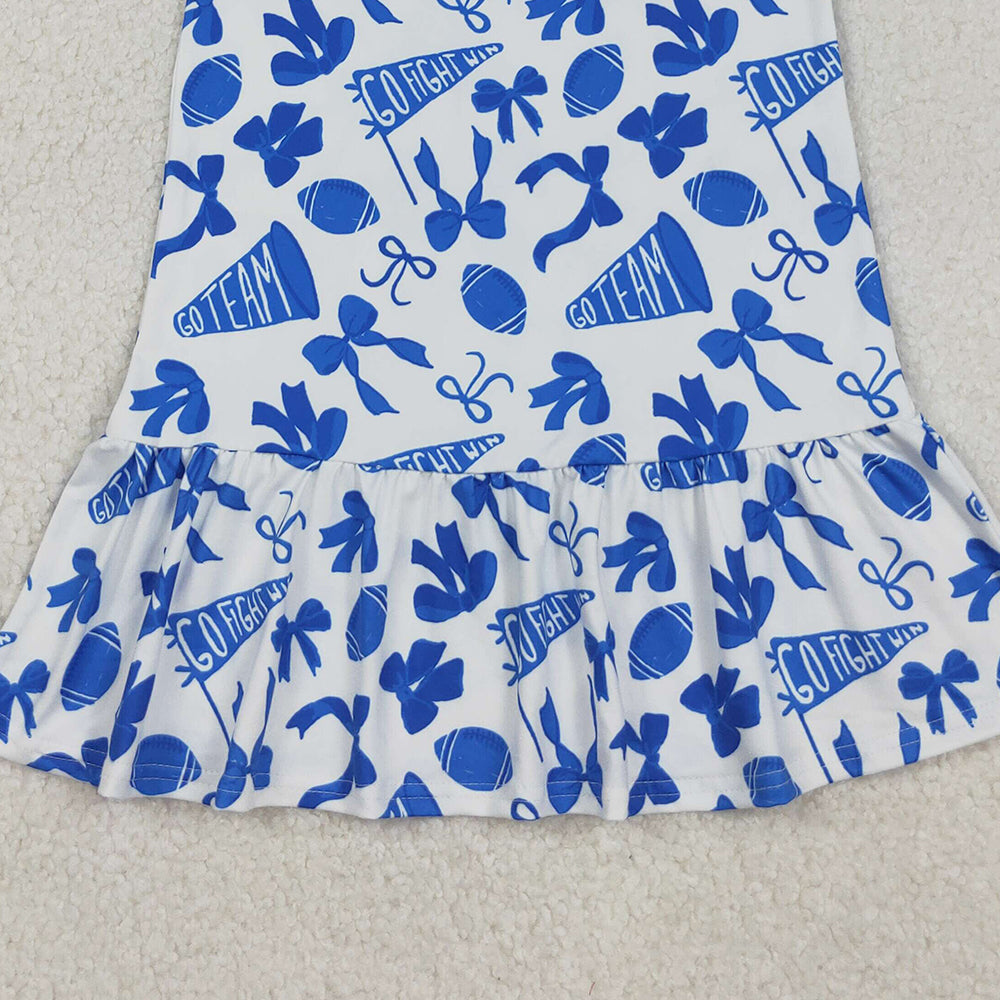 RTS NO MOQ （In stock）GSD2782 Baby Girls Summer Dress Knee-Length Dress with Blue Cheer Bows And Flutter Sleeves Team Color Options