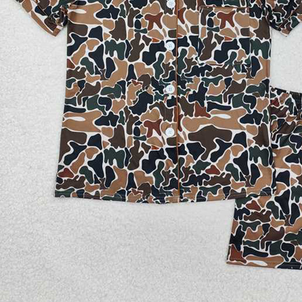 GSSO1538 Women's Dark Camouflage Summer Pajamas Button-Down Long Sleeve Sleepwear Adult Comfortable Soft Cotton Camo Print Nightgown