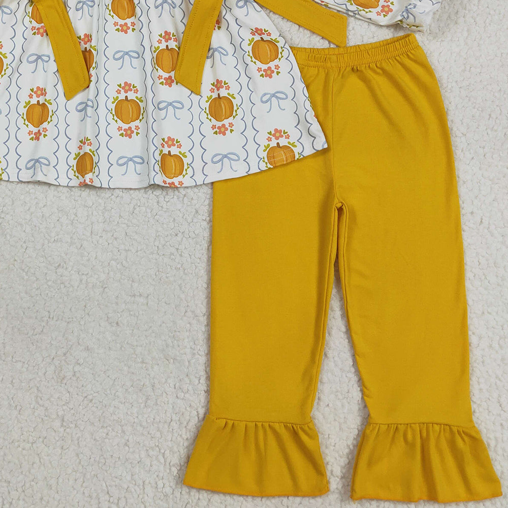 8.23 RTS NO MOQ （In stock）GLP2554 Baby Girls Winter Outfits Baby Girls Yellow Pumpkins Bows Plaid Tunic Ruffle Pant Fall Set