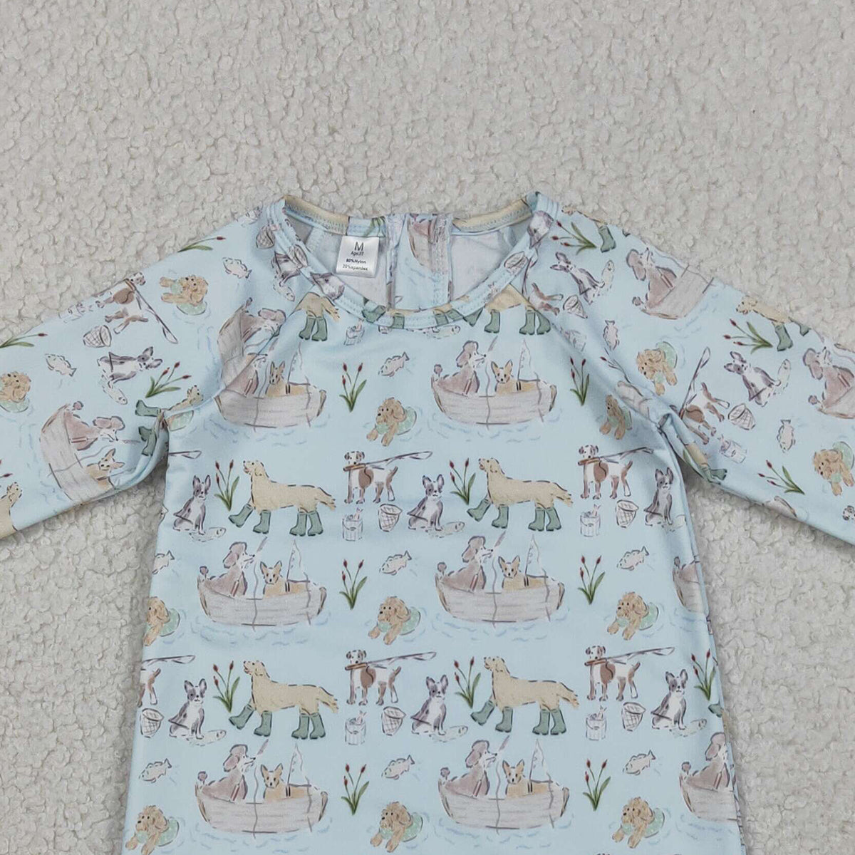 3.26 RTS NO MOQ （In stock）S0701 Children's Fashion Romper Baby Boys Long Sleeve Blue Dogs Fishing Back Zipper Hunting Swimsuits