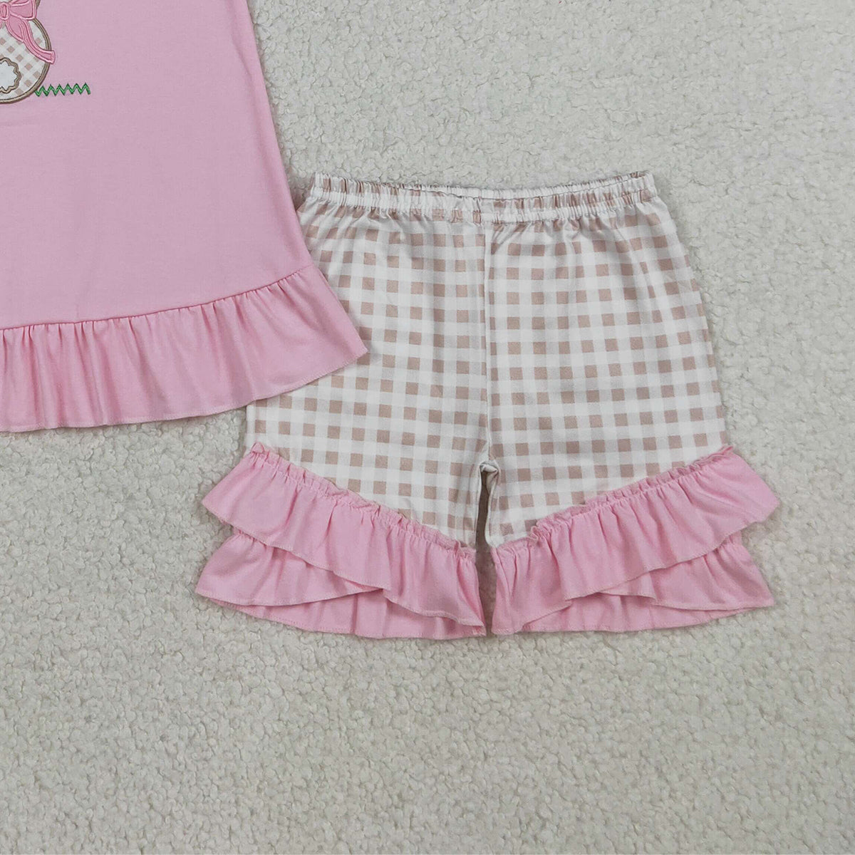 3.19 RTS NO MOQ （In stock）GSSO0374 Kids Clothing for Baby Girls Flutter Sleeve Embroidery Rabbit  Pink Tunic Checked Ruffle Shorts Easter Sets