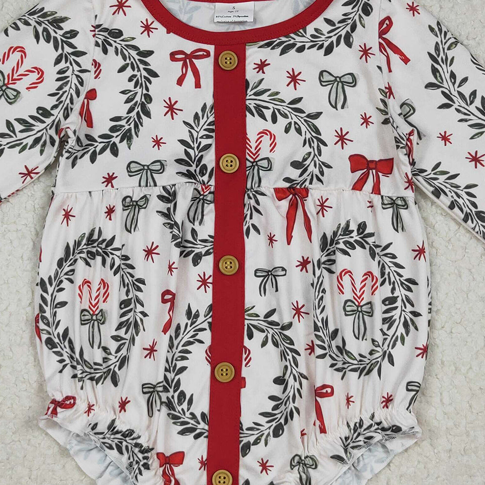 RTS NO MOQ （In stock）LR2252 Baby Girls Winter Rompers Baby Girls Christmas Red Green Bows Button Ruffle Rompers