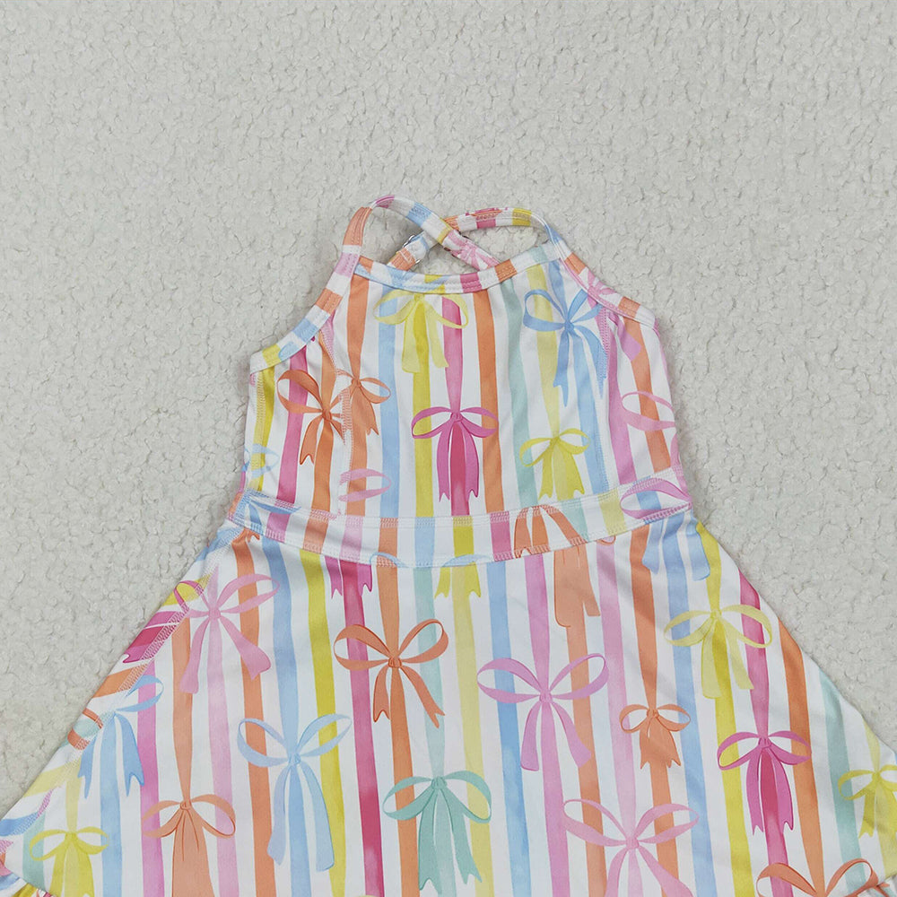 6.18 GSD2288RTS NO MOQ Baby Girls Summer Yoga Dress Baby Girls Strap Colorful Bows Stripe Yoga Ruffle Knee Length Dresses
