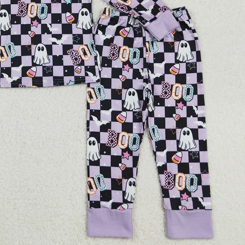 RTS NO MOQ （In stock）GLP2684 Baby Girls Winter Outfits Lavender Plaid Octopus Bowtie Baby Girls' Halloween Pajamas Short Sleeve Top And Pants Set