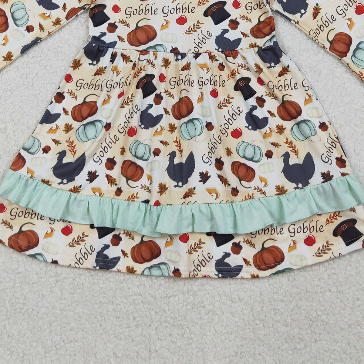 10.14 RTS NO MOQ （In stock）GLD0789 Baby Girls Winter Dress Baby Girls Thanksgiving Turkey Pumpkins Ruffle Knee Length Dresses