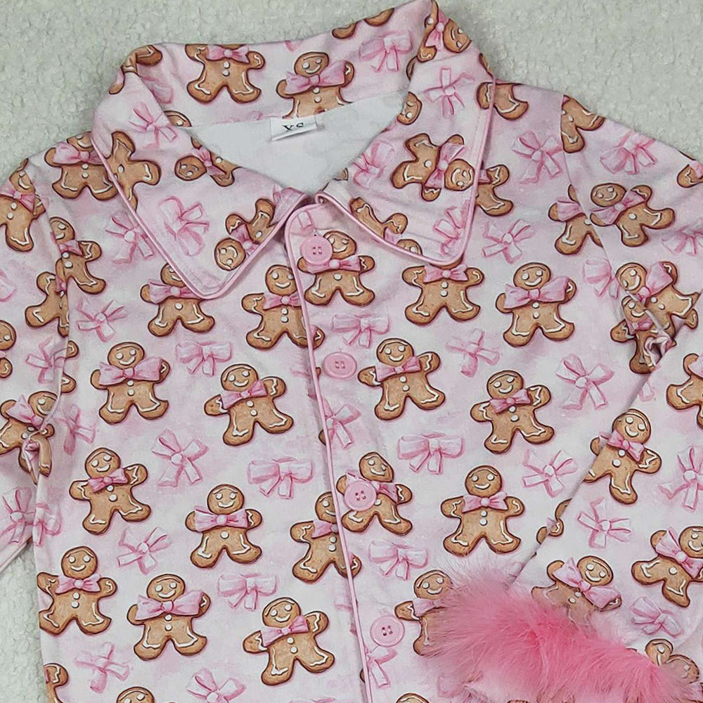 10.10 RTS NO MOQ （In stock）GLP2716 Adult Women Bows Gingerbread Button Top Pants Christmas Fur Pajamas Set