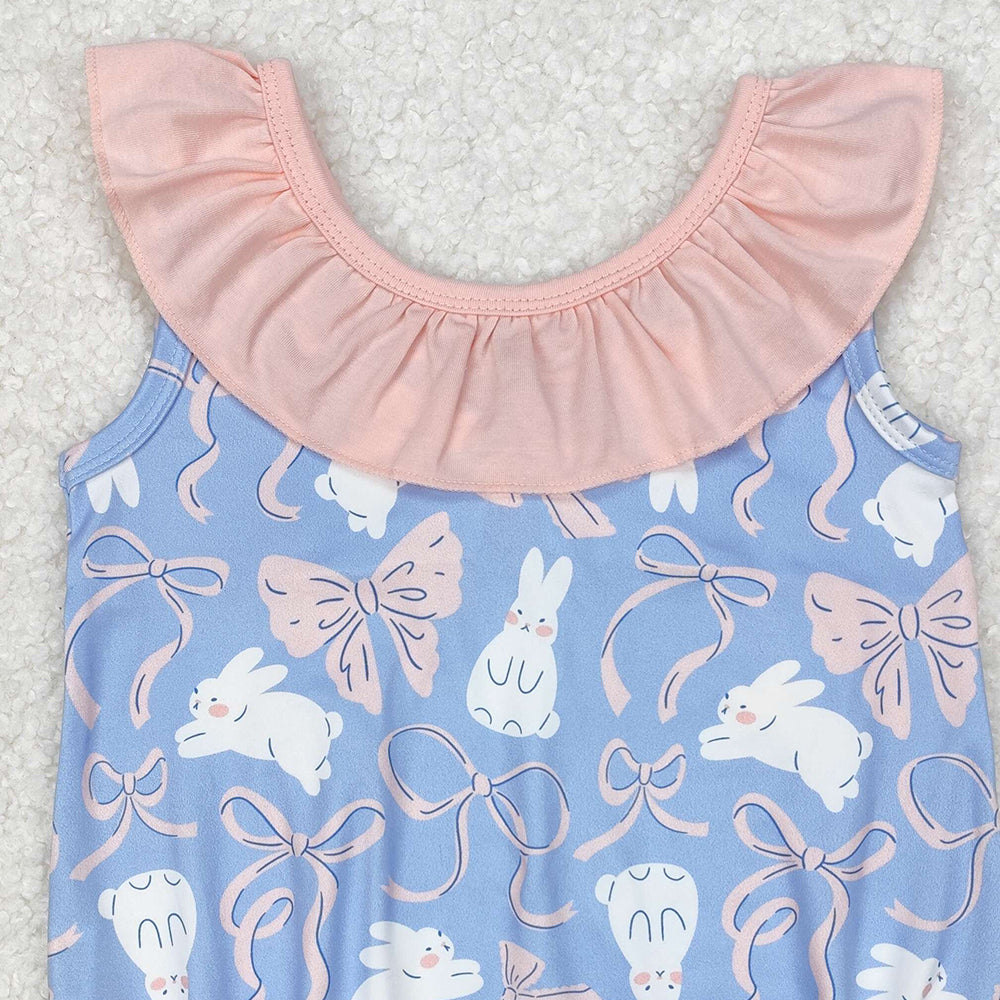 SR2583Baby Girls Sleeveless Ruffle Bunny Bow Romper Easter Outfit Spring Summer Casual Comfortable Clothes for Infants