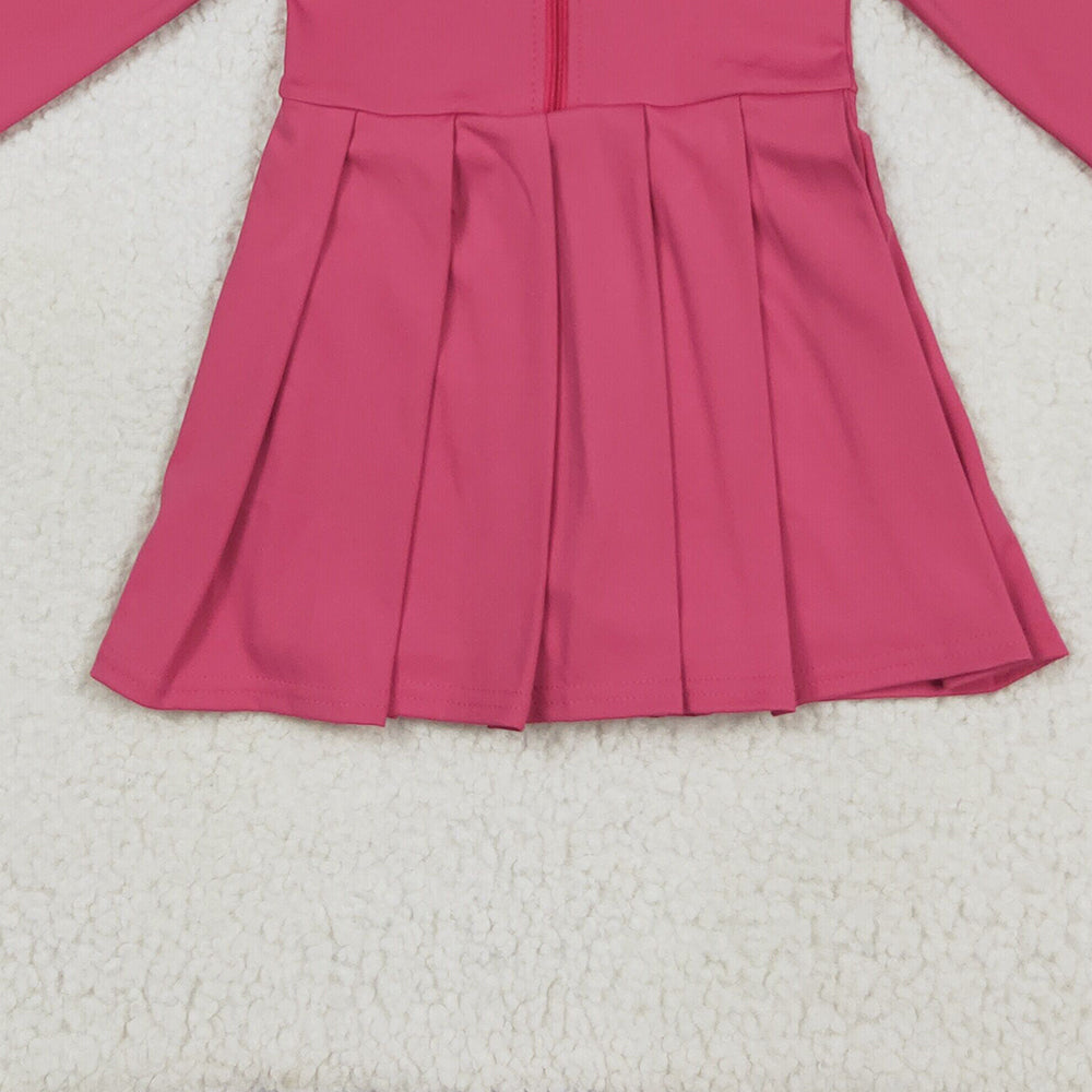 RTS NO MOQ （In stock）GLD1146 Baby Girls Yoga Dress Baby Girls Hotpink Long Sleeves Zipper Yoga Pleated Knee Length Dresses