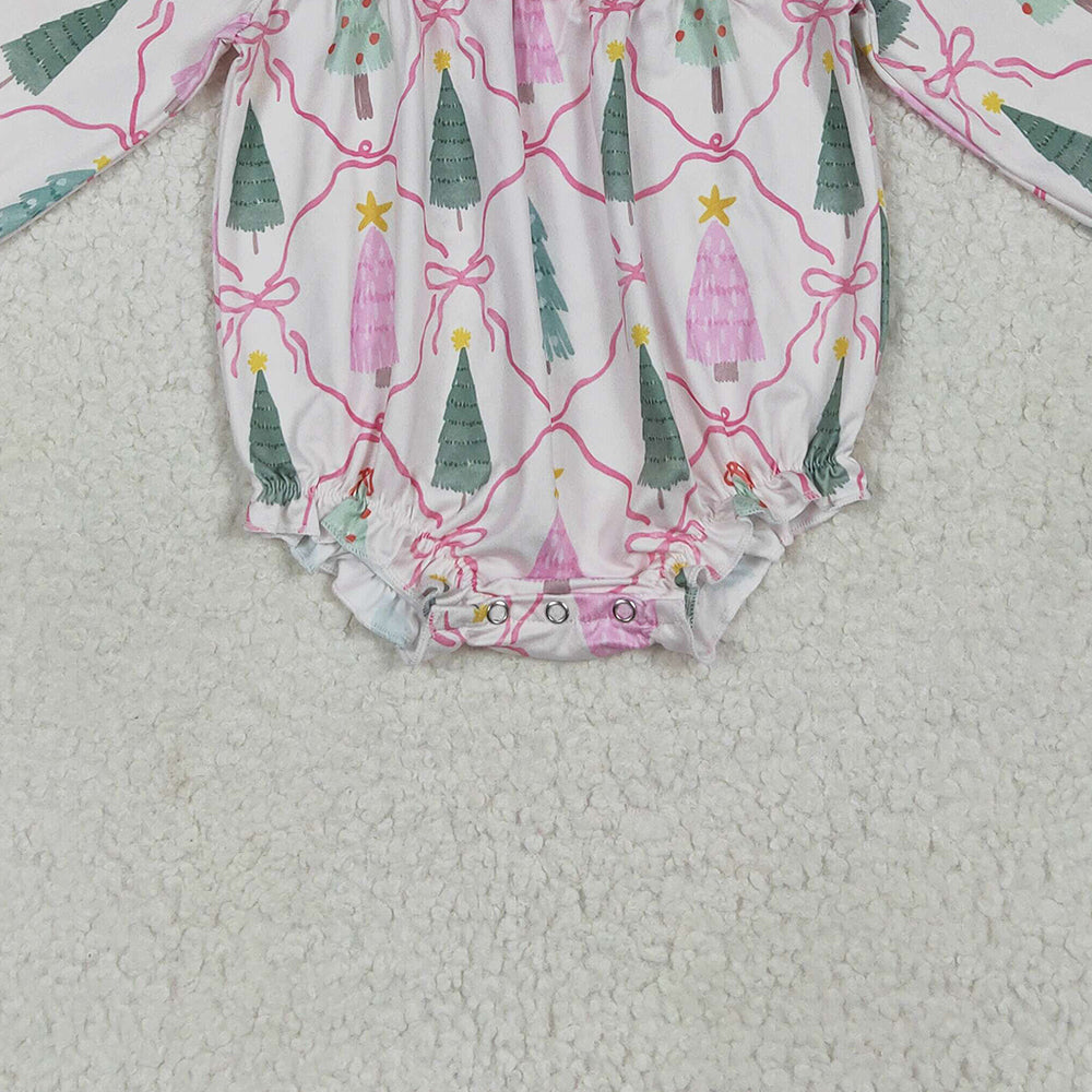 LR2275 RTS NO MOQ Baby Girls Winter Rompers Baby Girls Long Sleeves Pink Bows Trees Plaid Ruffle Rompers