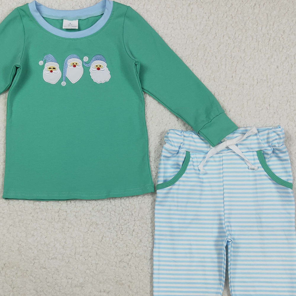 RTS NO MOQ （In stock）BLP1168 Baby Boys Winter Outfits Embroidery Santa Baby Boys Green Top Stripe Pockets Legging Christmas Set