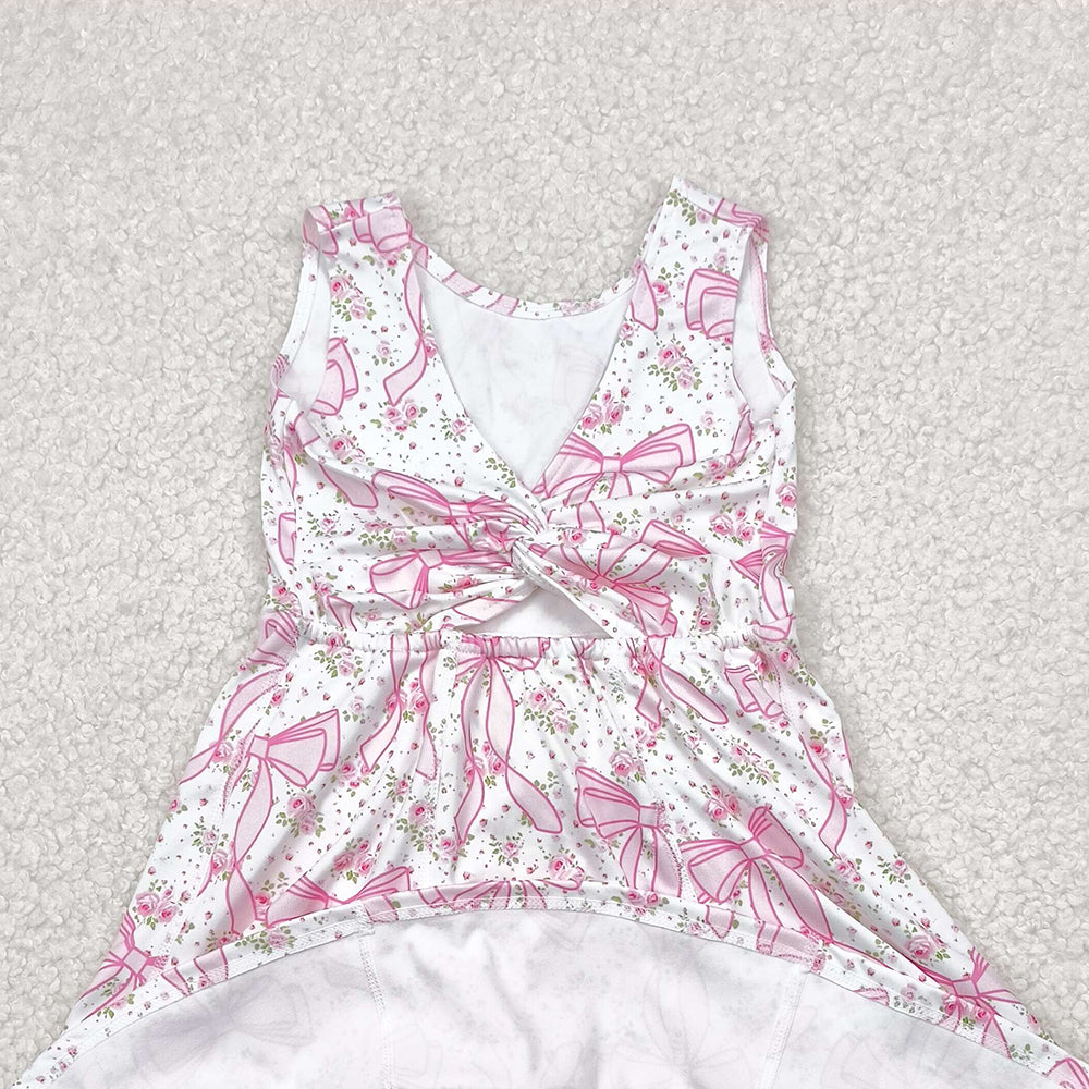 GSD2199RTS NO MOQ Baby Girls Summer Yoga Dress Kids Girls Sleeveless Pink Floral Bow Athletic Dresses - Soft Comfortable Lightweight Clothing for Active Girls