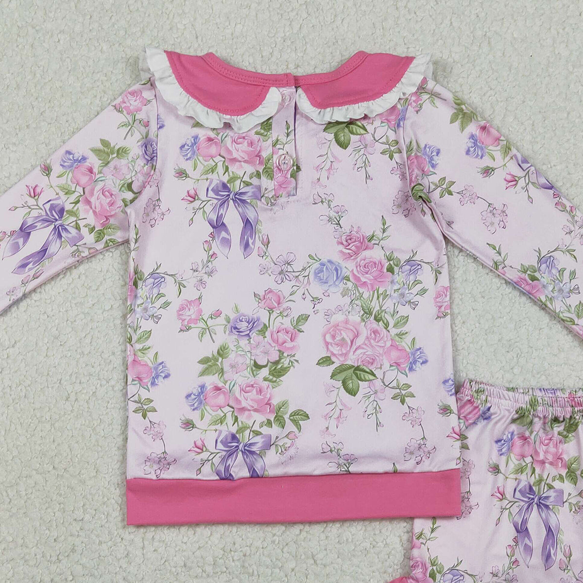 1.20 RTS NO MOQ （In stock）GLS0082 Baby Girls Pink Flowers Collar Top Ruffle Shorts Clothes Sets
