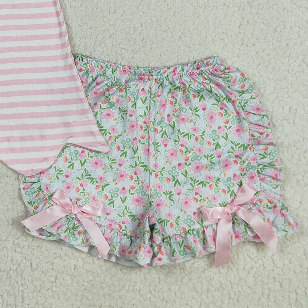 RTS NO MOQ （In stock）GSSO2633 Baby Girls Summer Outfits Embroidery Baby Girls Flutter Sleeves Floral Golf Truck Tunic Ruffle Short Set
