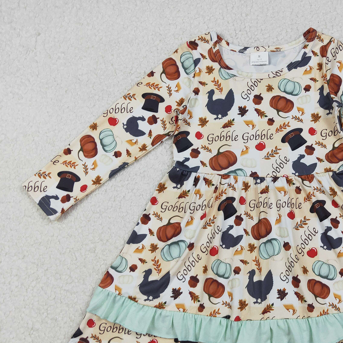 10.14 RTS NO MOQ （In stock）GLD0789 Baby Girls Winter Dress Baby Girls Thanksgiving Turkey Pumpkins Ruffle Knee Length Dresses