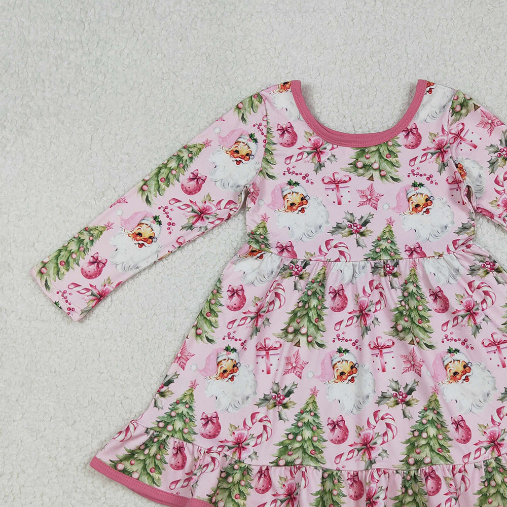 9.30 RTS NO MOQ （In stock）GLD1252 Baby Girls Winter Dress Baby Girls Santa Candy Cane Christmas Trees Ruffle Knee Length Dresses