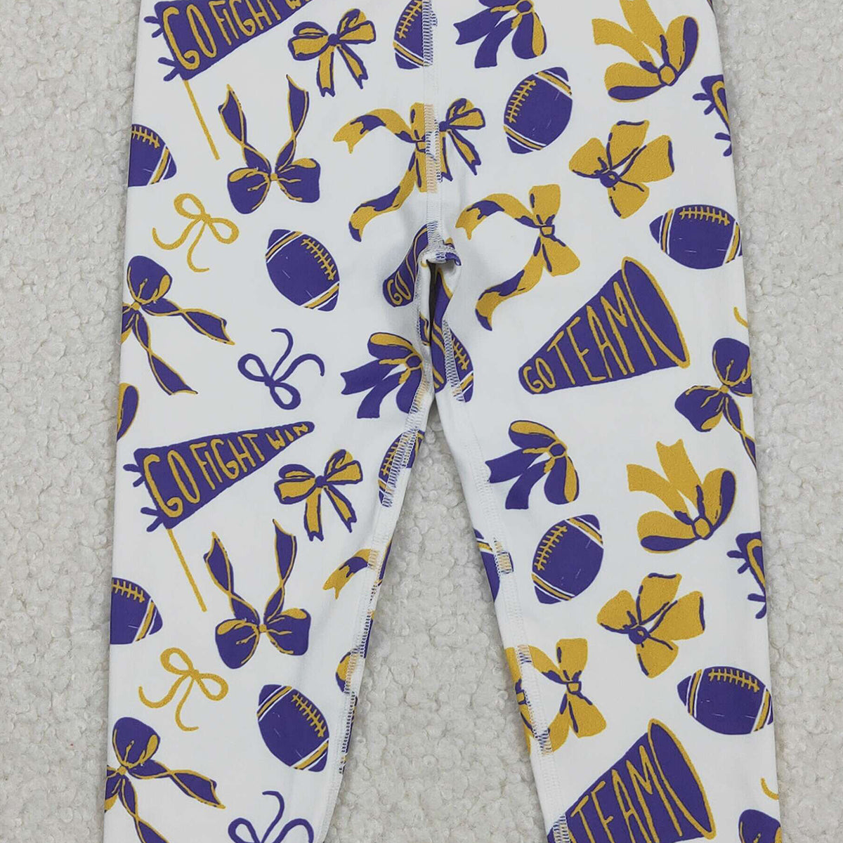 11.5 RTS NO MOQ （In stock）P0848 Baby Girls Purple Yellow Go Team Footballs Bows Yoga Legging Pants