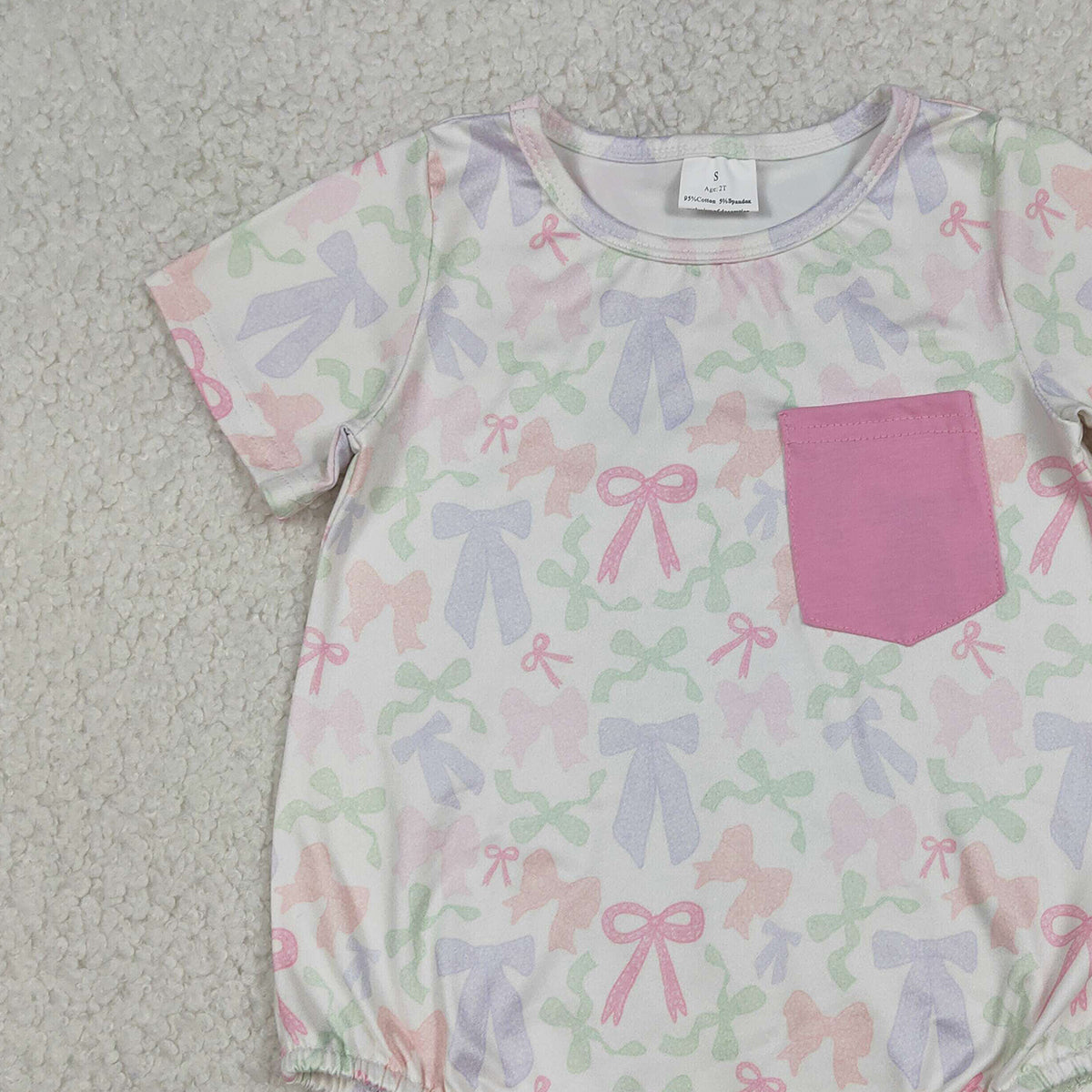 1.9 RTS NO MOQ （In stock）SR3731 Baby Girls Short Sleeve Colorful Bows Pockets Ruffle Rompers