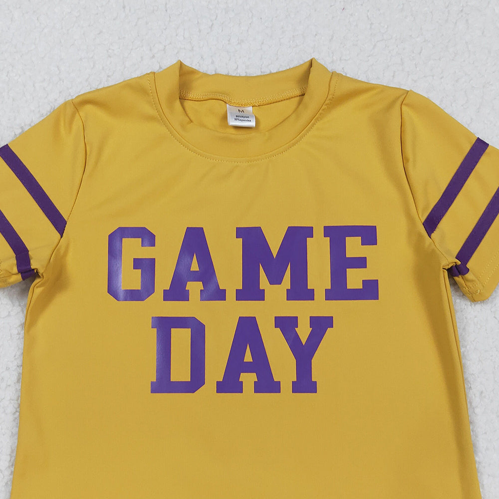 RTS NO MOQ （In stock）GT1100 Baby Girls Yoga Tops Purple Game Day Team Tee Shirts Tops Unisex Soft Cotton Short Sleeve T-Shirt for Sports Fans