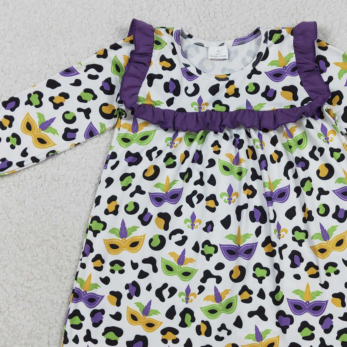 12.27 RTS NO MOQ （In stock）GLD1319 Baby Girls Winter Dress Baby Girls Purple Green Yellow Leopard Masks Mardigras Knee Length Dress