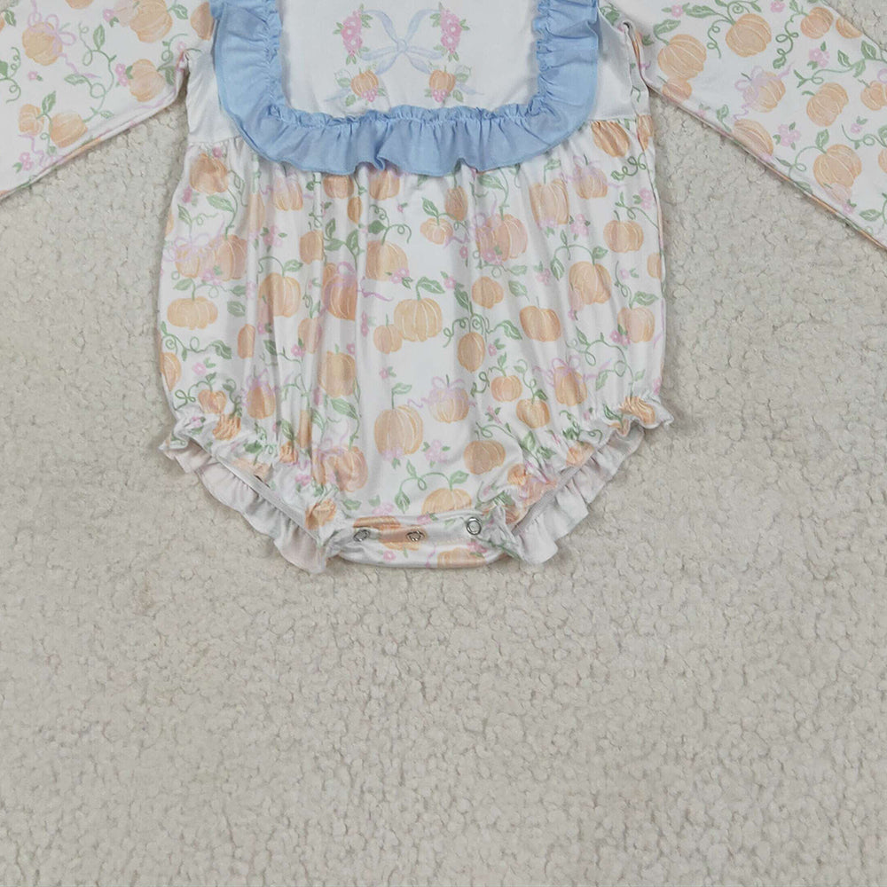 RTS NO MOQ （In stock） LR2256 Baby Girls Winter Rompers Baby Girls Long Sleeves Pumpkins Bows Plaid Ruffle Rompers